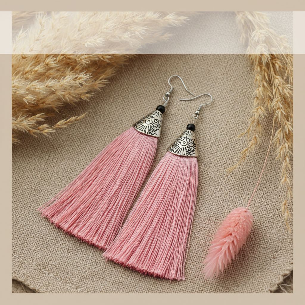 Pink Tassel Earrings - Handcrafted Brass Jewelry