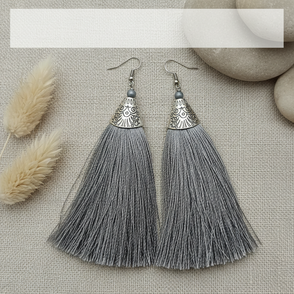Grey Tassel Earrings - Handcrafted Silver Jewelry