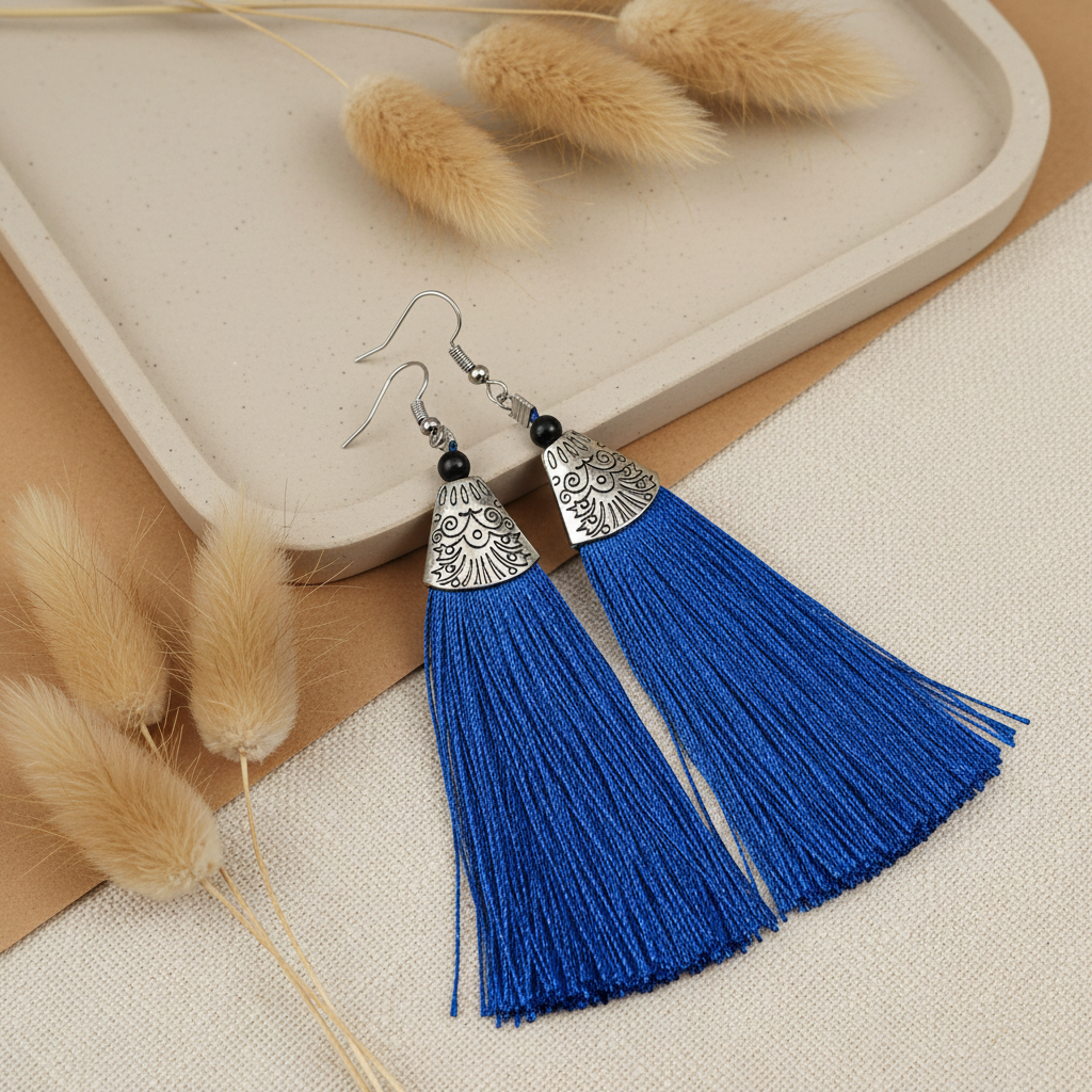 Blue Tassel Earrings - Handcrafted Silver Jewelry