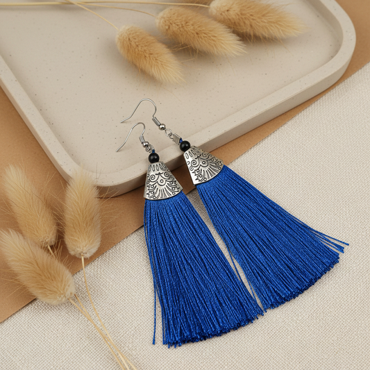 Blue Tassel Earrings - Handcrafted Silver Jewelry