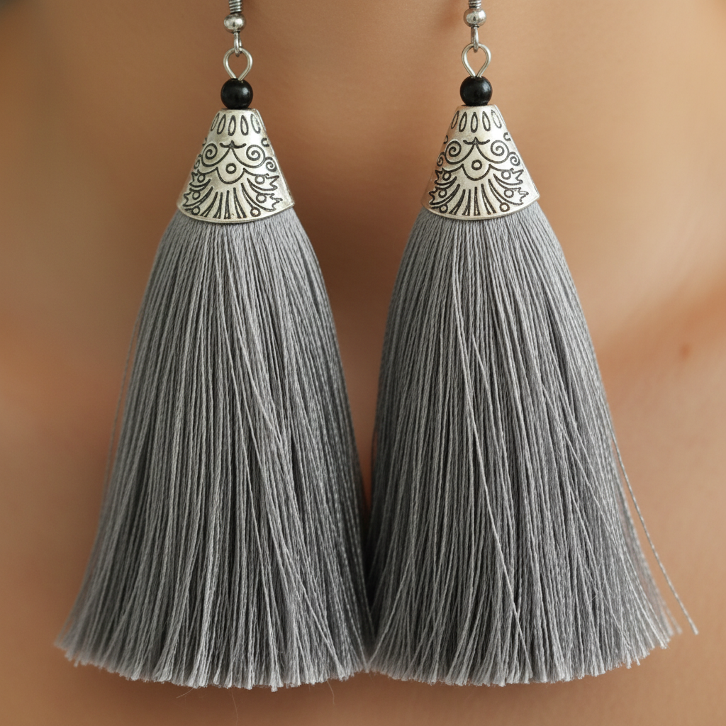 Grey Tassel Earrings - Handcrafted Silver Jewelry
