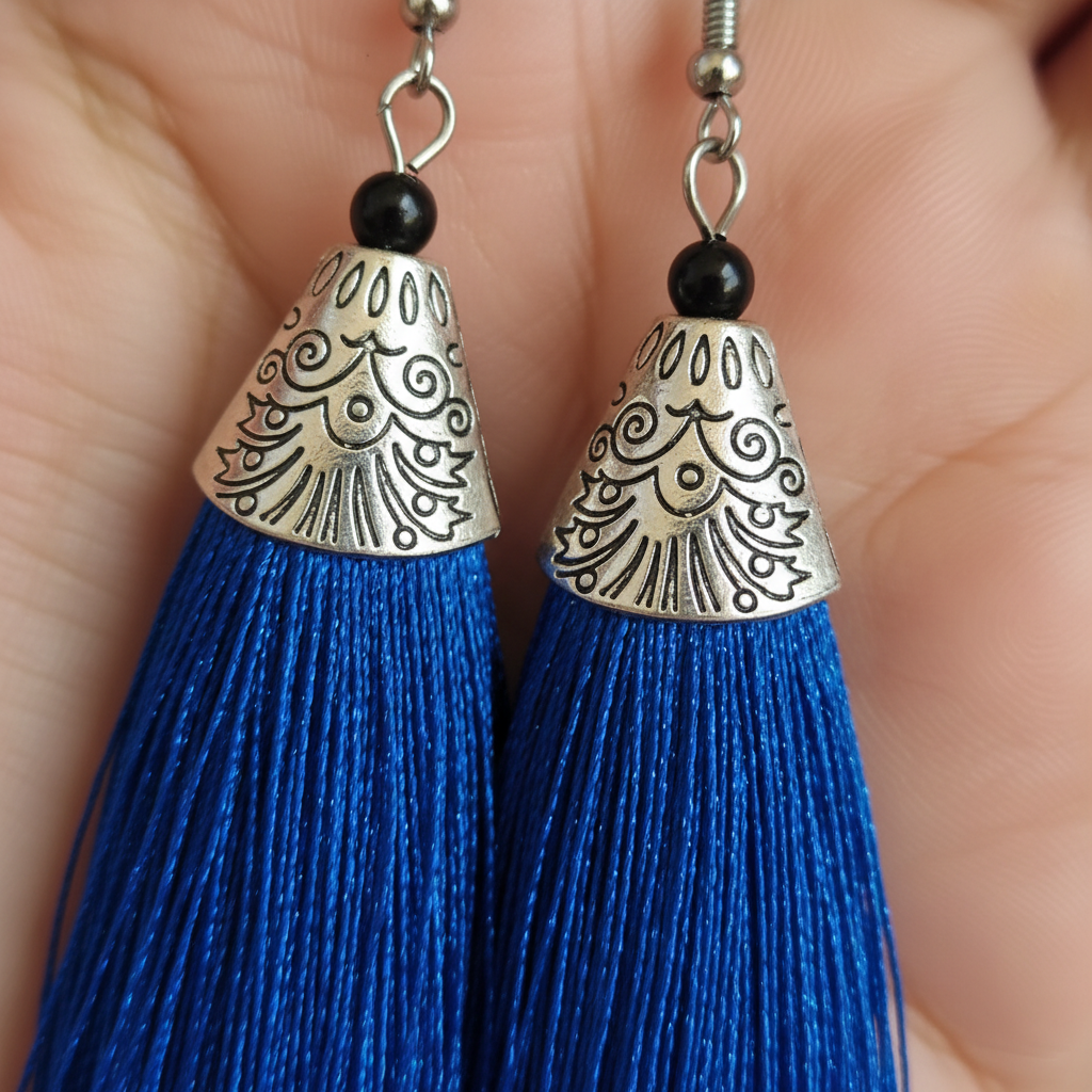 Blue Tassel Earrings - Handcrafted Silver Jewelry