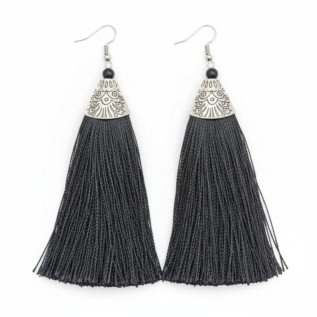 Grey Tassel Earrings - Handcrafted Silver Jewelry