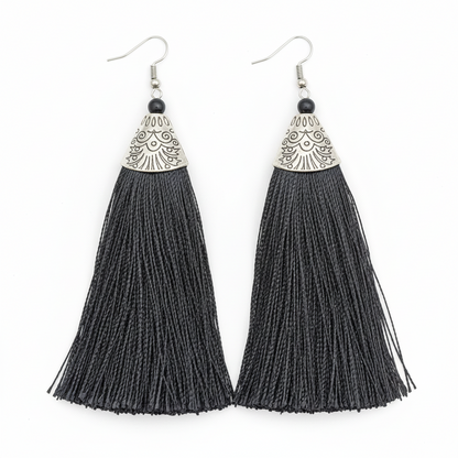 Grey Tassel Earrings - Handcrafted Silver Jewelry