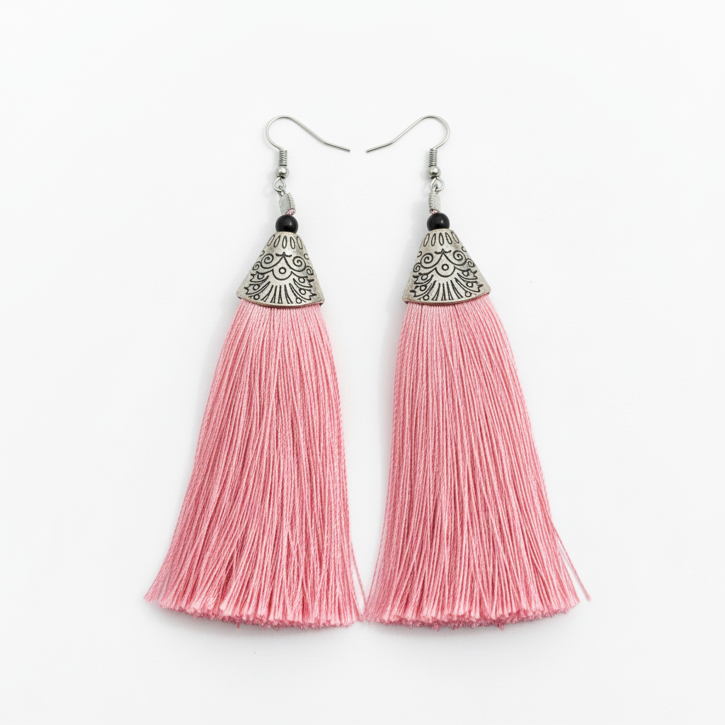 Pink Tassel Earrings - Handcrafted Brass Jewelry