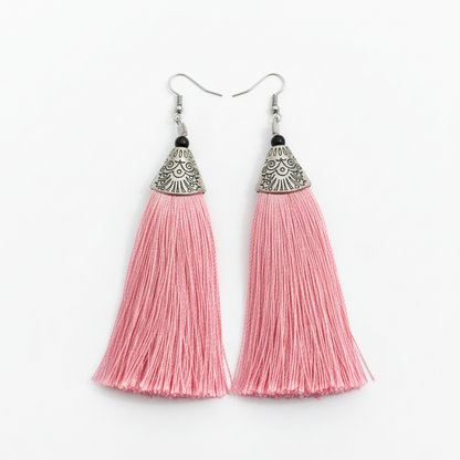 Pink Tassel Earrings - Handcrafted Brass Jewelry
