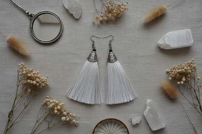 White Tassel Earrings - Handcrafted Silver Jewelry
