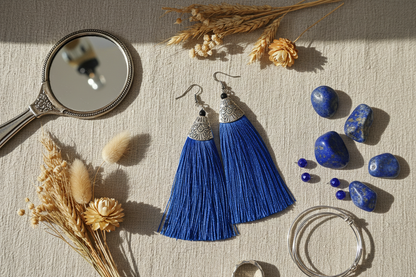 Blue Tassel Earrings - Handcrafted Silver Jewelry