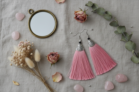 Pink Tassel Earrings - Handcrafted Brass Jewelry