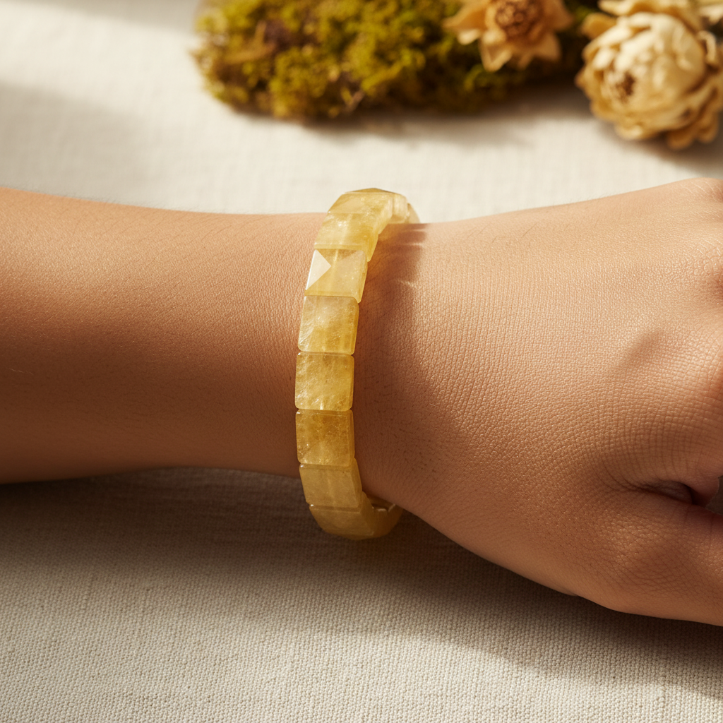 Hand wearing citrine crystal bracelet closeup