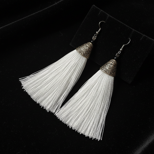 White Tassel Earrings - Handcrafted Silver Jewelry